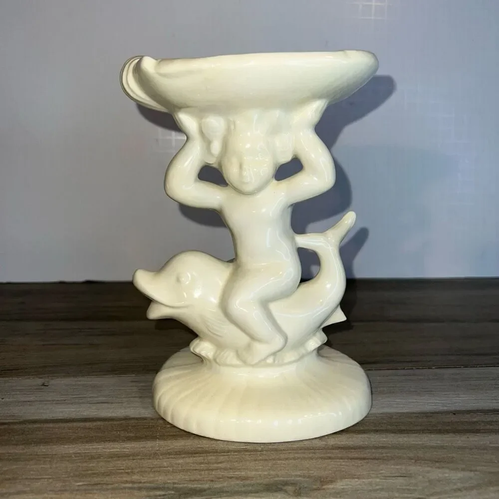 1973 Vintage Holland Mold Ceramic Signed Cherub on Dolphin Soap Dish Holder